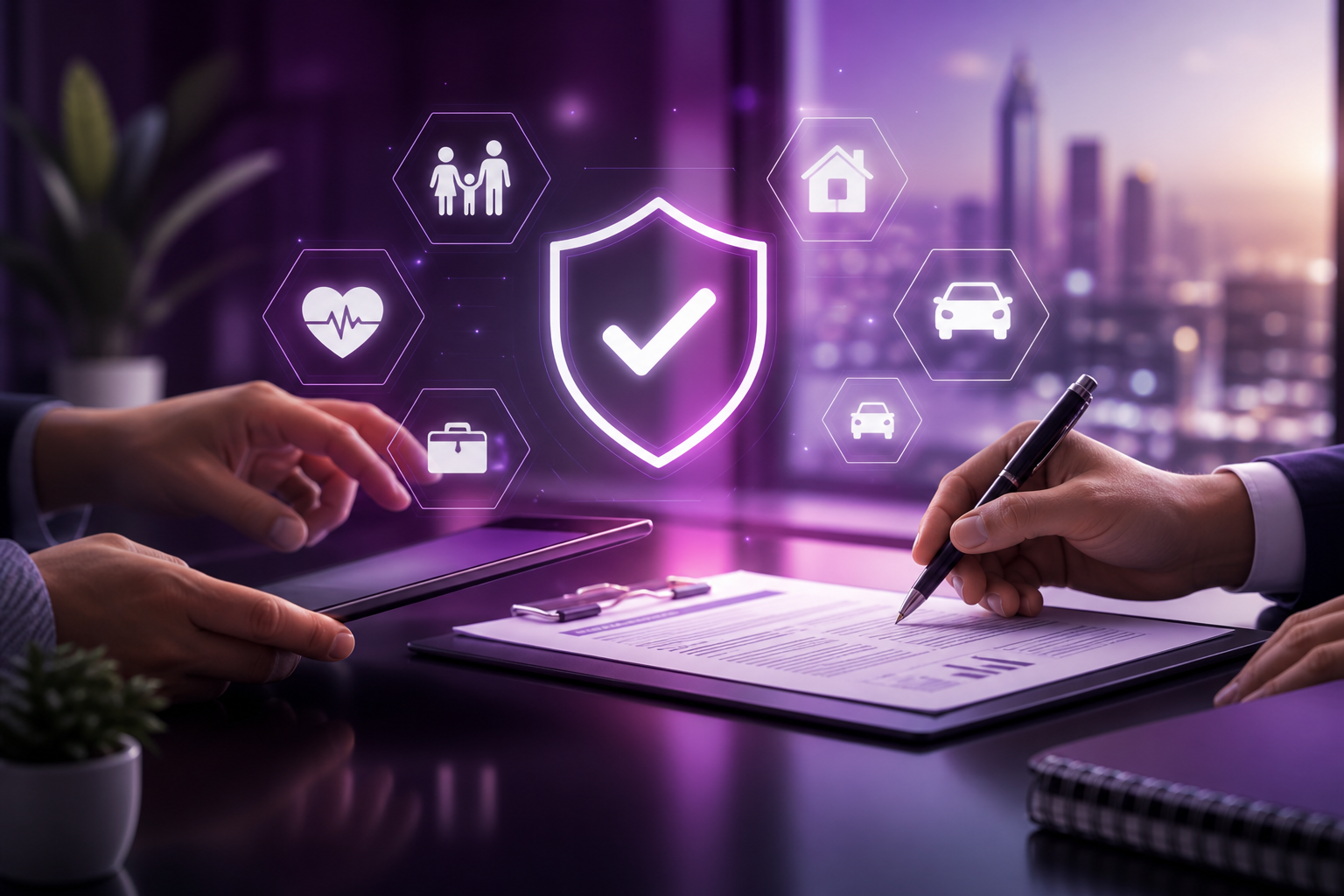 Insurance consultation with digital protection icons